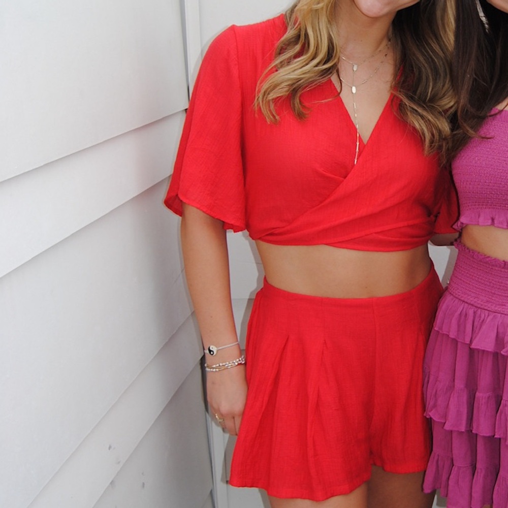 Red Wrap Crop Top and Shorts Set